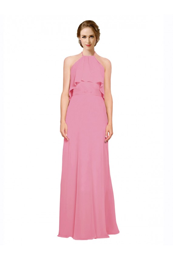 Compra Piel rosa línea A Halter Cuello Alto Gasa Largo Vestidos de dama de honor
