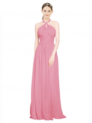 Piel rosa línea A Halter Cuello en V Gasa Largo Vestidos de dama de honor Baratos