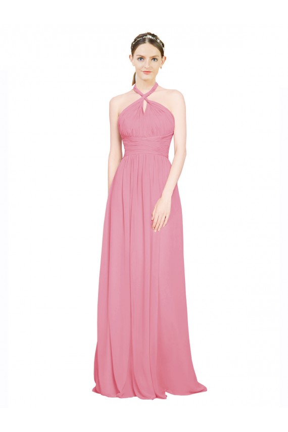 Compra Piel rosa línea A Halter Cuello en V Gasa Largo Vestidos de dama de honor