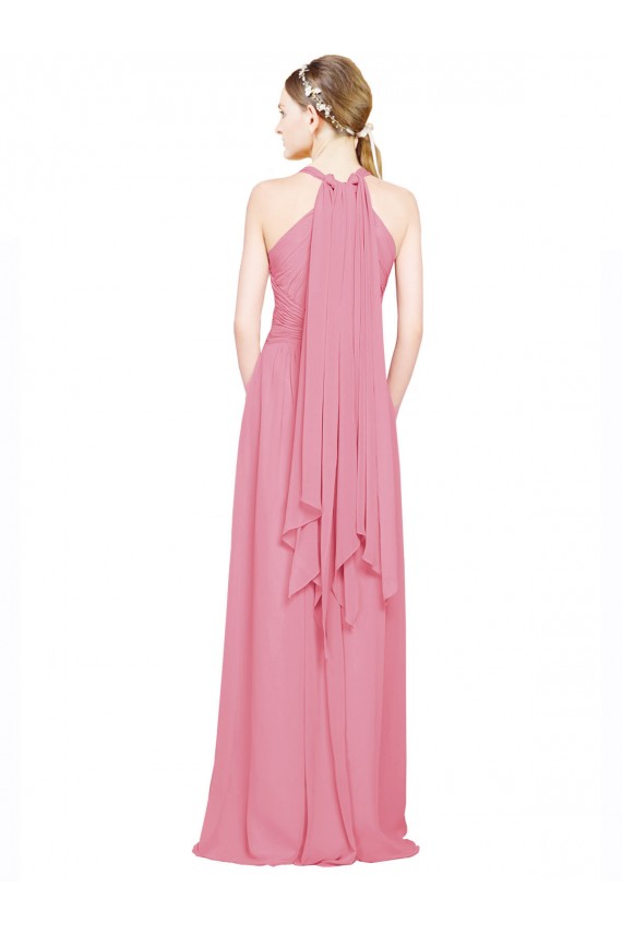 Compra Piel rosa línea A Halter Cuello en V Gasa Largo Vestidos de dama de honor