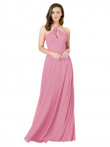 Piel rosa línea A Halter Gasa Largo Vestidos de dama de honor / Vestidos de fiesta Baratos