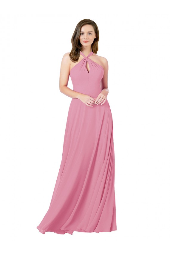 Compra Piel rosa línea A Halter Gasa Largo Vestidos de dama de honor / Vestidos de fiesta