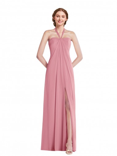 Piel rosa línea A Halter Gasa Largo Vestidos de dama de honor Baratos