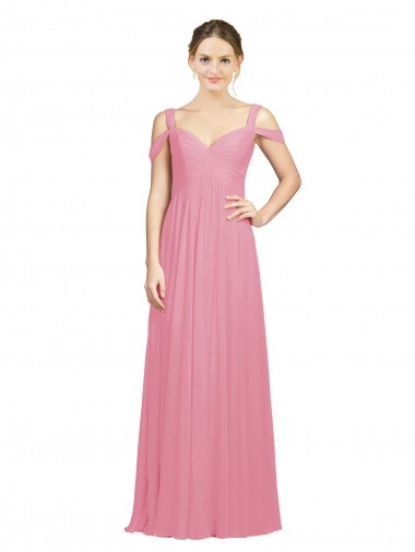 Piel rosa línea A Hombros Descubiertos Gasa Largo Vestidos de dama de honor Baratos