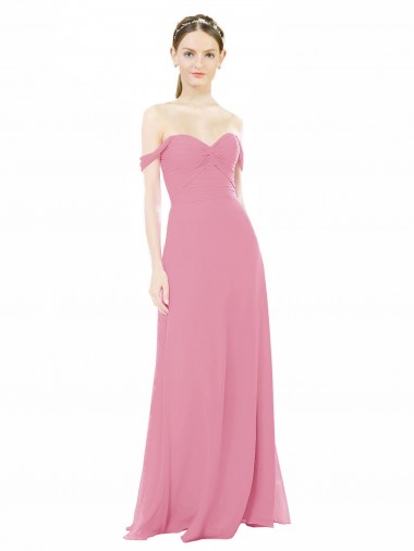 Piel rosa línea A Hombros Descubiertos Gasa Largo Vestidos de dama de honor Baratos