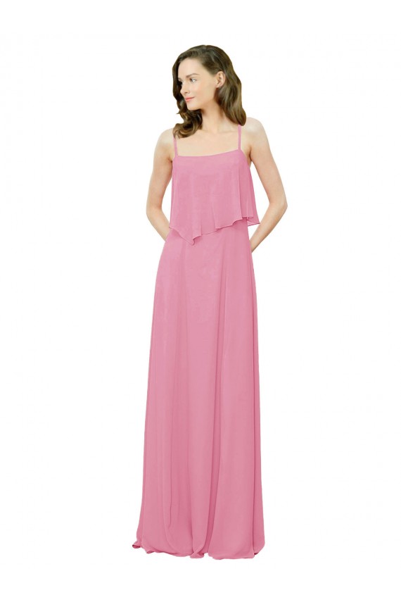 Compra Piel rosa línea A Tirantes espagueti Gasa Largo Vestidos de dama de honor