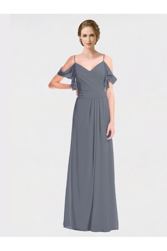 Compra Pizarra gris línea A Hombros Descubiertos Cuello en V Gasa Largo Vestidos de dama de honor