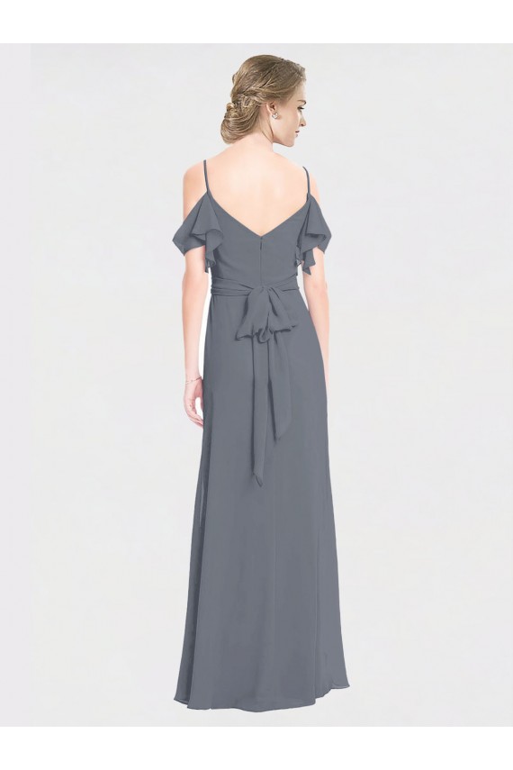 Compra Pizarra gris línea A Hombros Descubiertos Cuello en V Gasa Largo Vestidos de dama de honor