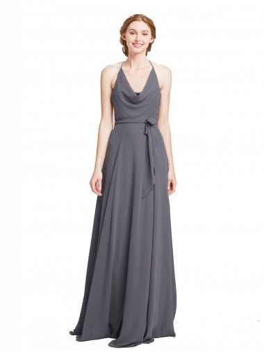 Pizarra gris línea A Tirantes espagueti Halter Gasa Largo Vestidos de dama de honor Baratos