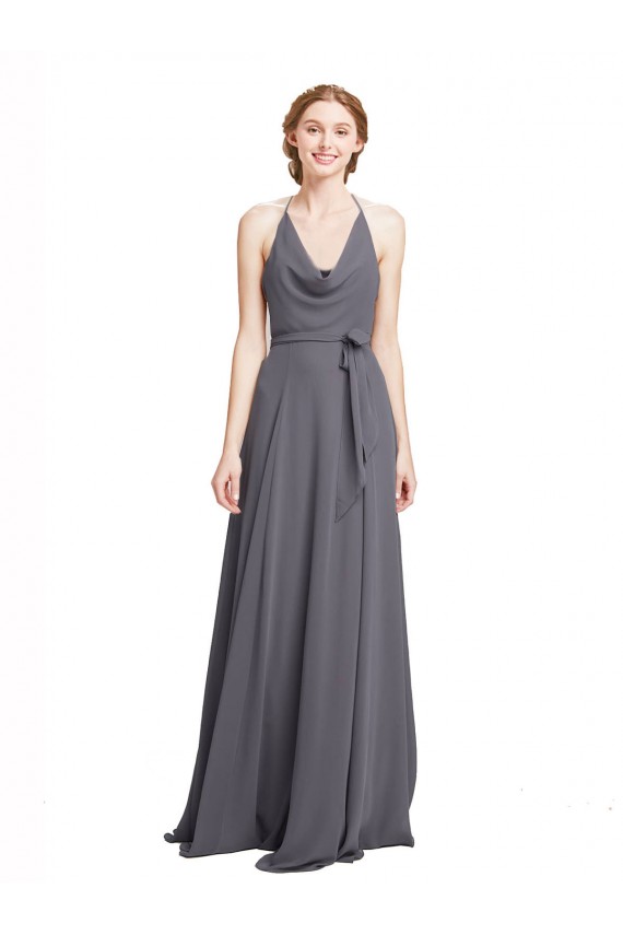 Compra Pizarra gris línea A Tirantes espagueti Halter Gasa Largo Vestidos de dama de honor
