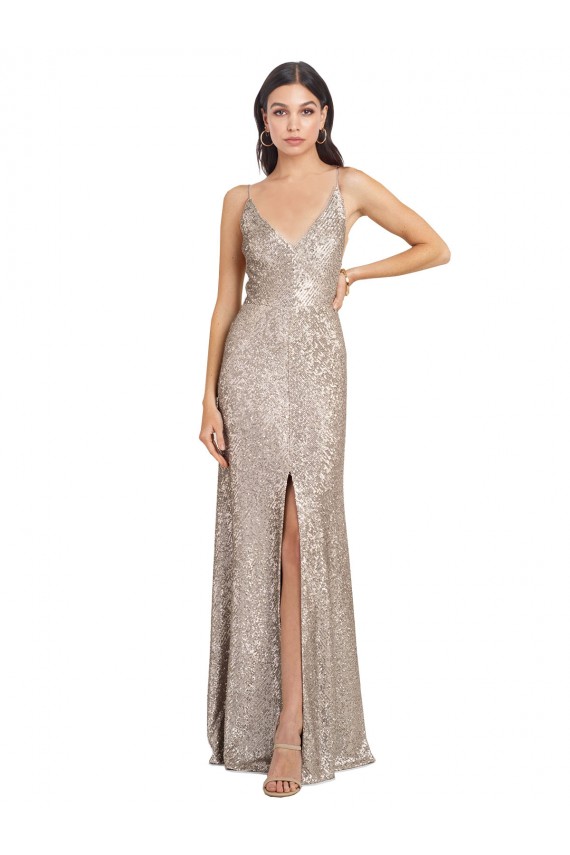 Compra Plata Cubierta Cuello en V Cuello Alto Lentejuela Lentejuelas brillantes Largo Formales Vestidos de dama de honor / Vestidos de fiesta