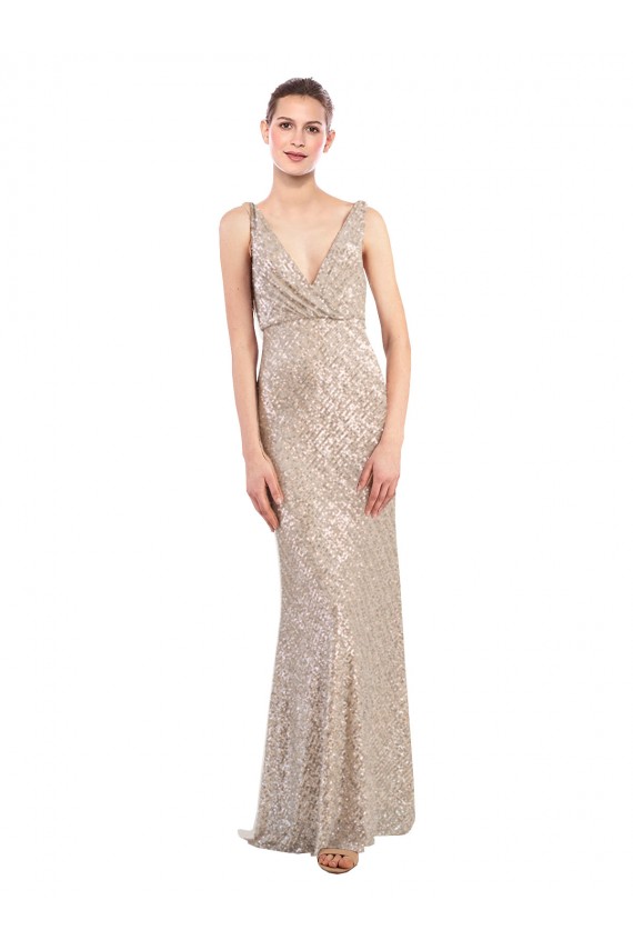 Compra Plata Cubierta Cuello en V Lentejuela Lentejuelas brillantes Largo Formales Vestidos de dama de honor / Vestidos de fiesta