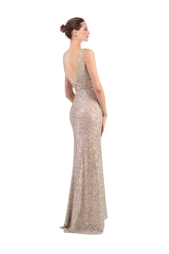 Compra Plata Cubierta Cuello en V Lentejuela Lentejuelas brillantes Largo Formales Vestidos de dama de honor / Vestidos de fiesta