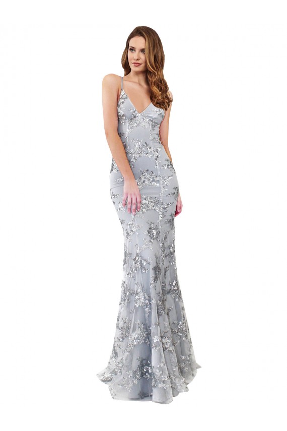 Compra Plata Sirena Cuello en V Cuello Alto Crepé Elástico Lentejuela Tul Largo Formales Vestidos de dama de honor / Vestidos de fiesta