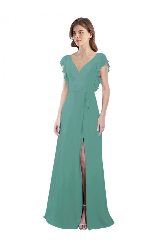 Compra Plata islandesa línea A Cuello en V Gasa Largo Vestidos de dama de honor