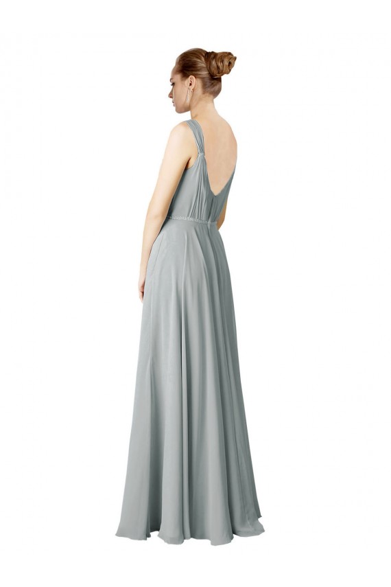 Compra Plata línea A Cuello en V Gasa Largo Vestidos de dama de honor