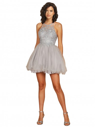 Plata línea A Halter Corto Tul Corto Vestidos de dama de honor / Vestidos de cóctel / Vestidos para homecoming Baratos