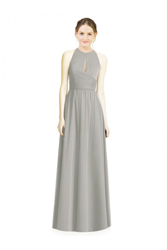 Compra Plata línea A Halter Gasa Largo Vestidos de dama de honor