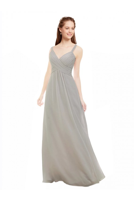 Compra Plata línea A Tirantes espagueti Cuello en V Gasa Largo Vestidos de dama de honor
