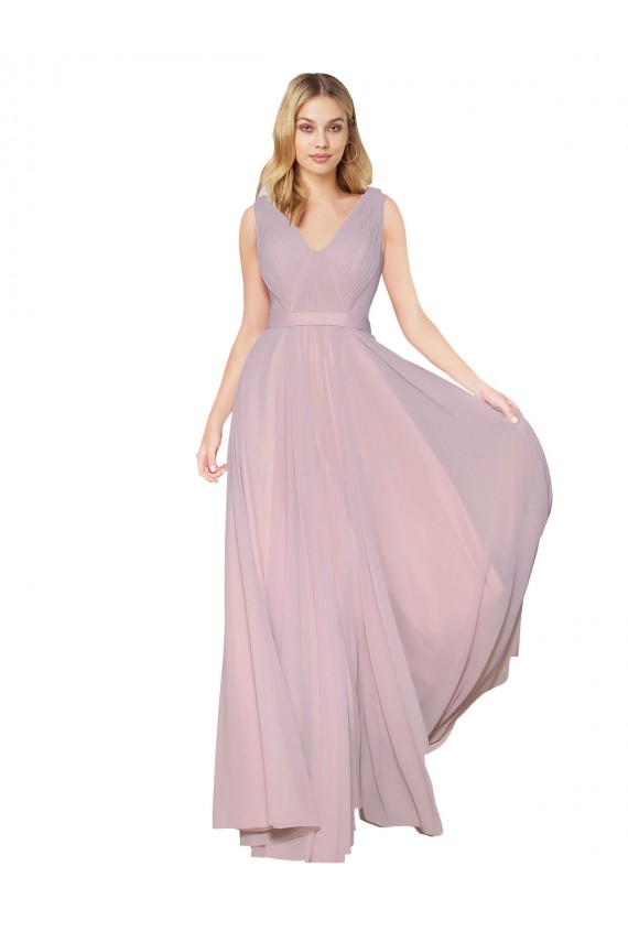 Compra Primavera línea A Cuello en V Cuello Alto Gasa Largo Formales Vestidos de dama de honor / Vestidos de fiesta
