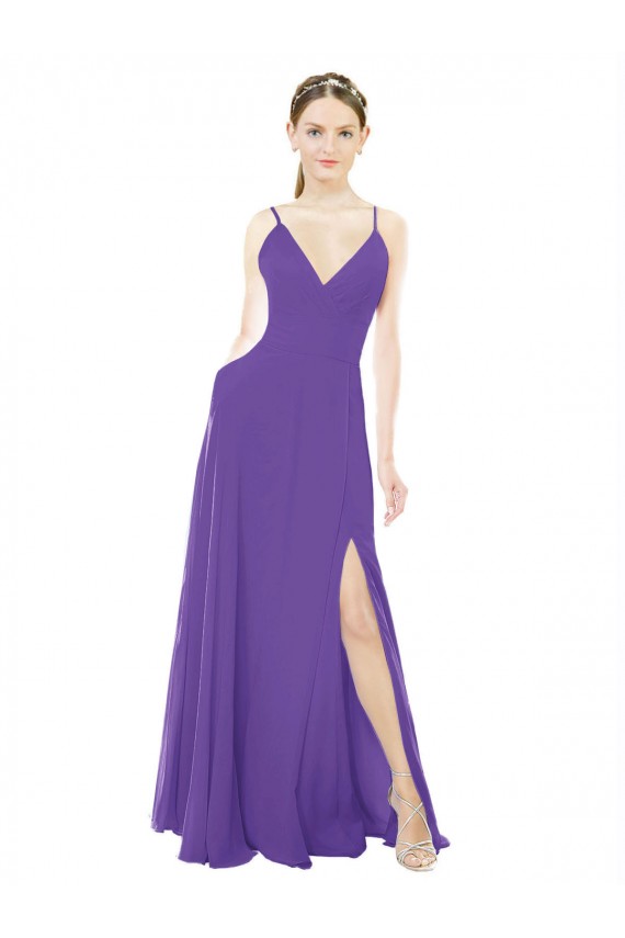 Compra Púrpura línea A Tirantes espagueti Cuello en V Gasa Largo Vestidos de dama de honor