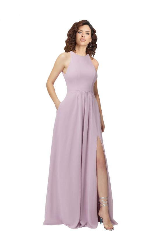 Compra Resplandor rosa línea A Halter Cuello Alto Gasa Largo Vestidos de dama de honor