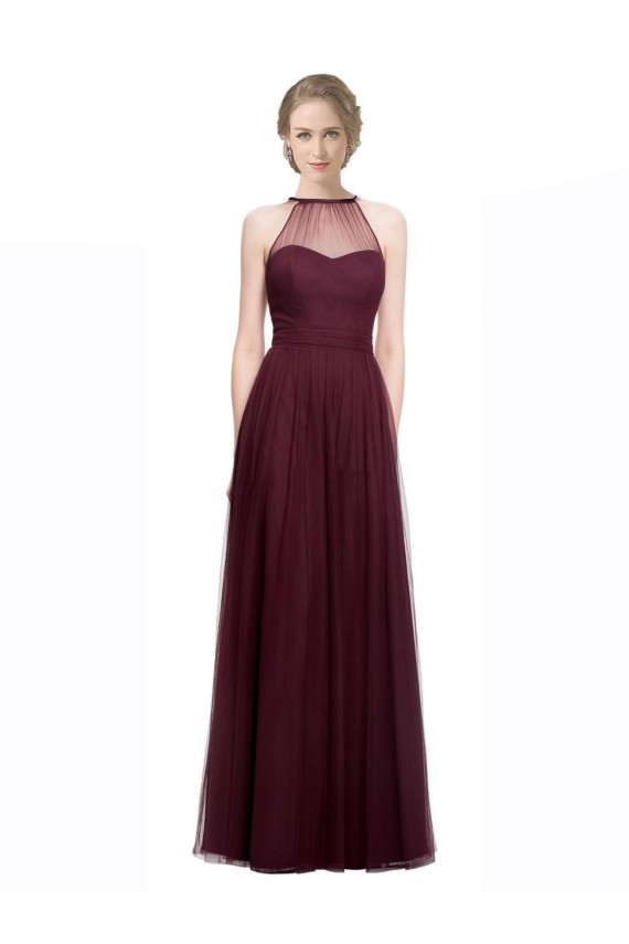 Compra Rojo 74 línea A Halter Ilusión Tul Largo Vestidos de dama de honor