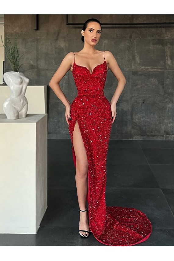 Compra Rojo Cubierta Cuello en V Barrer tren Lentejuelas Terciopelo Largo Vestidos de fiesta