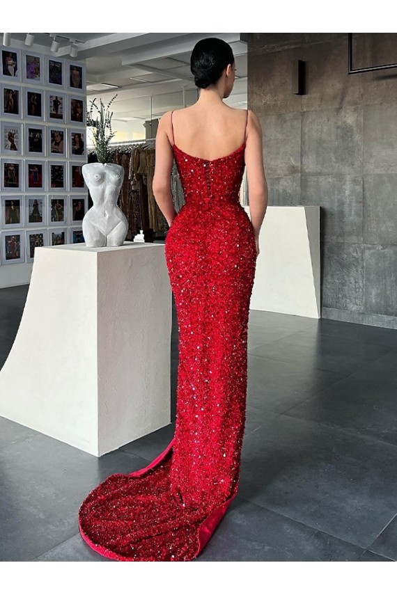 Compra Rojo Cubierta Cuello en V Barrer tren Lentejuelas Terciopelo Largo Vestidos de fiesta