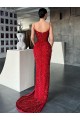 Compra Rojo Cubierta Cuello en V Barrer tren Lentejuelas Terciopelo Largo Vestidos de fiesta