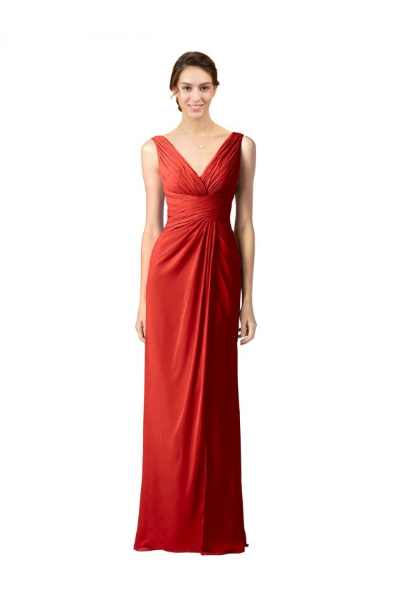 Compra Rojo Cubierta Cuello en V Gasa Largo Vestidos de dama de honor