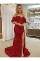 Compra Rojo Cubierta Hombros Descubiertos Cola corte Lentejuelas Terciopelo Largo Vestidos de fiesta