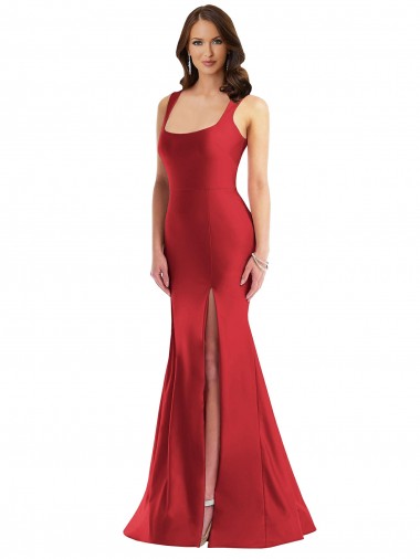 Rojo Sirena Cuadrado Satén sedoso Largo Formales Vestidos de dama de honor / Vestidos de fiesta Baratos