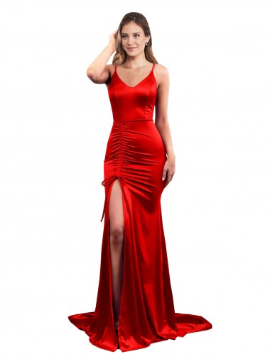 Rojo Sirena Cuello de Corazón Satén elástico Largo Formales Vestidos de dama de honor / Vestidos de fiesta Baratos
