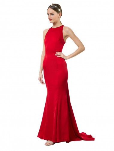 Rojo Sirena Halter Cuello Alto Crepé Elástico Largo Formales Vestidos de dama de honor / Vestidos de fiesta Baratos