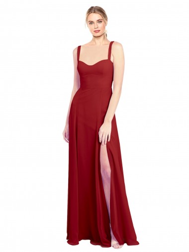 Rojo línea A Cuello de Corazón Gasa Largo Vestidos de dama de honor Baratos