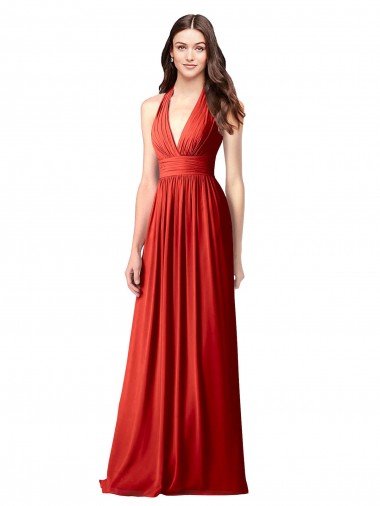 Rojo línea A Halter Cuello en V Gasa Largo Vestidos de dama de honor Baratos