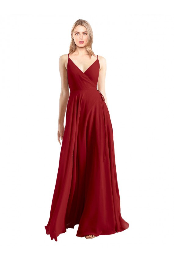 Compra Rojo línea A Tirantes espagueti Cuello en V Gasa Largo Vestidos de dama de honor