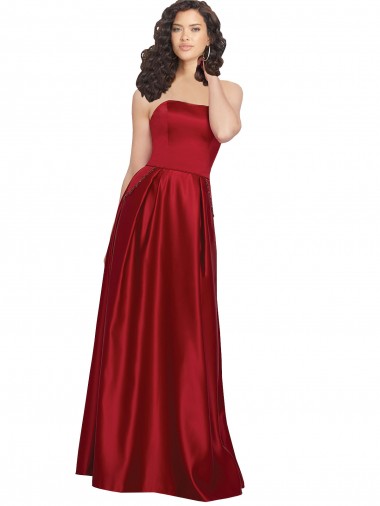 Rojo oscuro línea A Sin tirantes Satén Largo Vestidos de dama de honor / Vestidos de fiesta Baratos