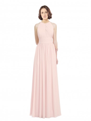 Rosa 42 línea A Halter Gasa Largo Vestidos de dama de honor Baratos