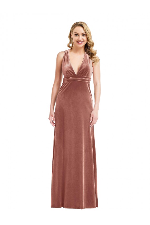 Compra Rosa Canela línea A Cuello en V Terciopelo Elástico Largo Formales Vestidos de dama de honor / Vestidos de fiesta