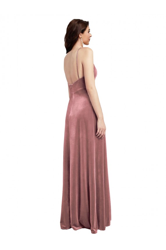 Compra Rosa Canela línea A Cuello en V Terciopelo Elástico Largo Formales Vestidos de dama de honor / Vestidos de fiesta