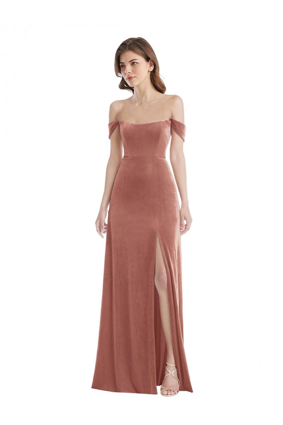 Compra Rosa Canela línea A Hombros Descubiertos Terciopelo Elástico Largo Vestidos de dama de honor / Vestidos de fiesta