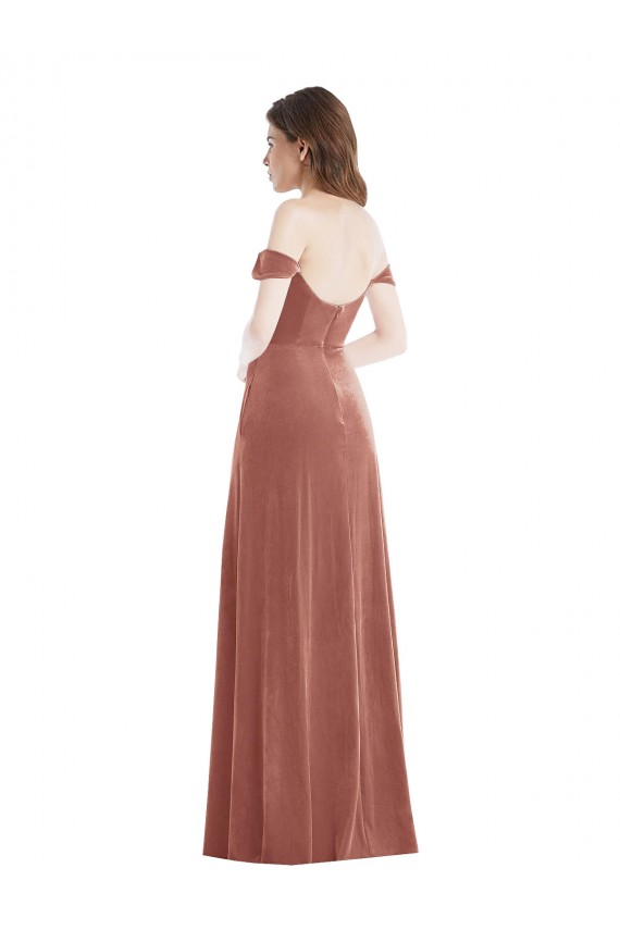 Compra Rosa Canela línea A Hombros Descubiertos Terciopelo Elástico Largo Vestidos de dama de honor / Vestidos de fiesta