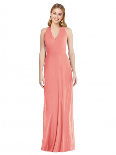 Rosa Del Desierto Trompeta Halter Cuello en V Gasa Largo Formales Vestidos de dama de honor / Vestidos de noche Baratos