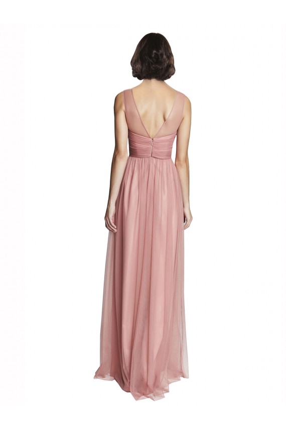 Compra Rosa Rosa línea A Cuello en V Tul Largo Vestidos de dama de honor