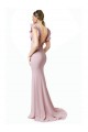 Compra Rosa Sirena Cuello joya Barrer tren Crepé Elástico Largo Vestidos de dama de honor / Vestidos de fiesta
