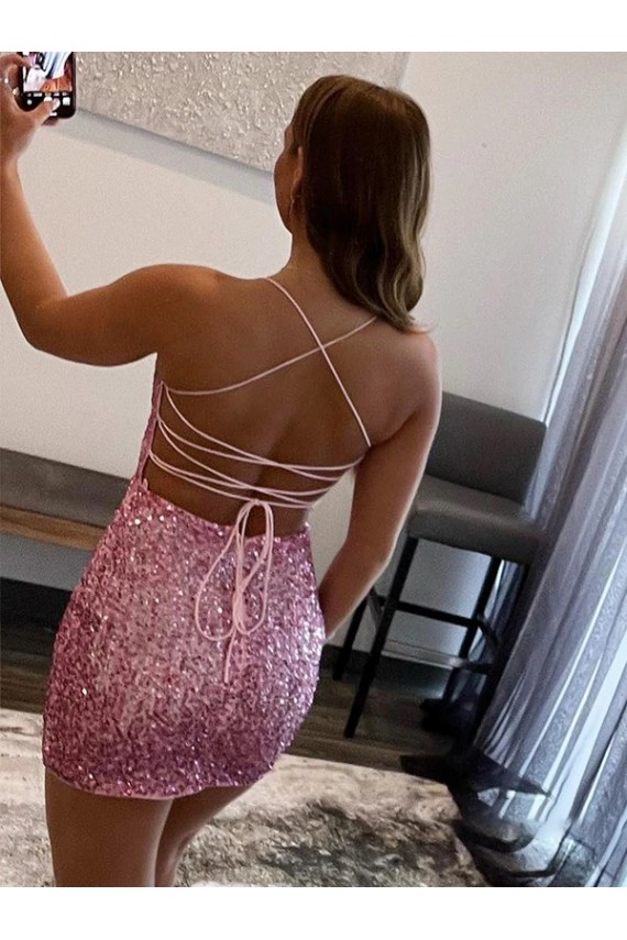 Compra Rosa caliente Cubierta Tirantes espagueti Corto Lentejuelas Terciopelo Corto Vestidos de fiesta