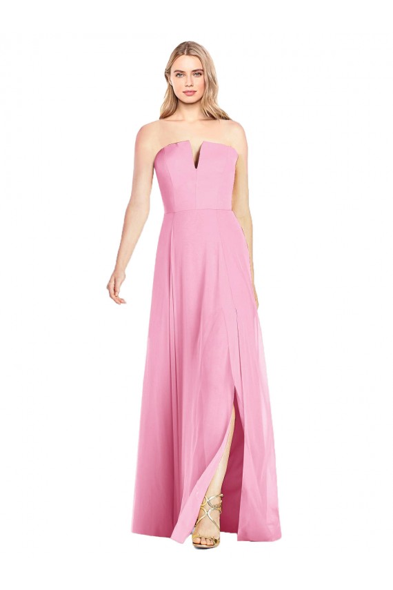Compra Rosa caliente Trompeta Cuello en V Sin tirantes Gasa Largo Vestidos de dama de honor