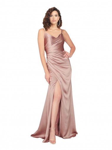 Rosa empolvado Cubierta Cuello en V Satén sedoso Largo Formales Vestidos de dama de honor / Vestidos de fiesta Baratos